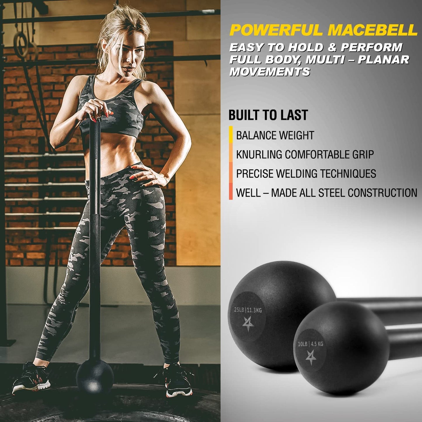 Steel Mace Bell for Strength Training - Support Full Body, Muscles, Shoulder, Grips & Forearms Workouts to Rehabilitation, Stretching 5, 7, 10, 15, 20, 25, 30Lb for Woman & Man