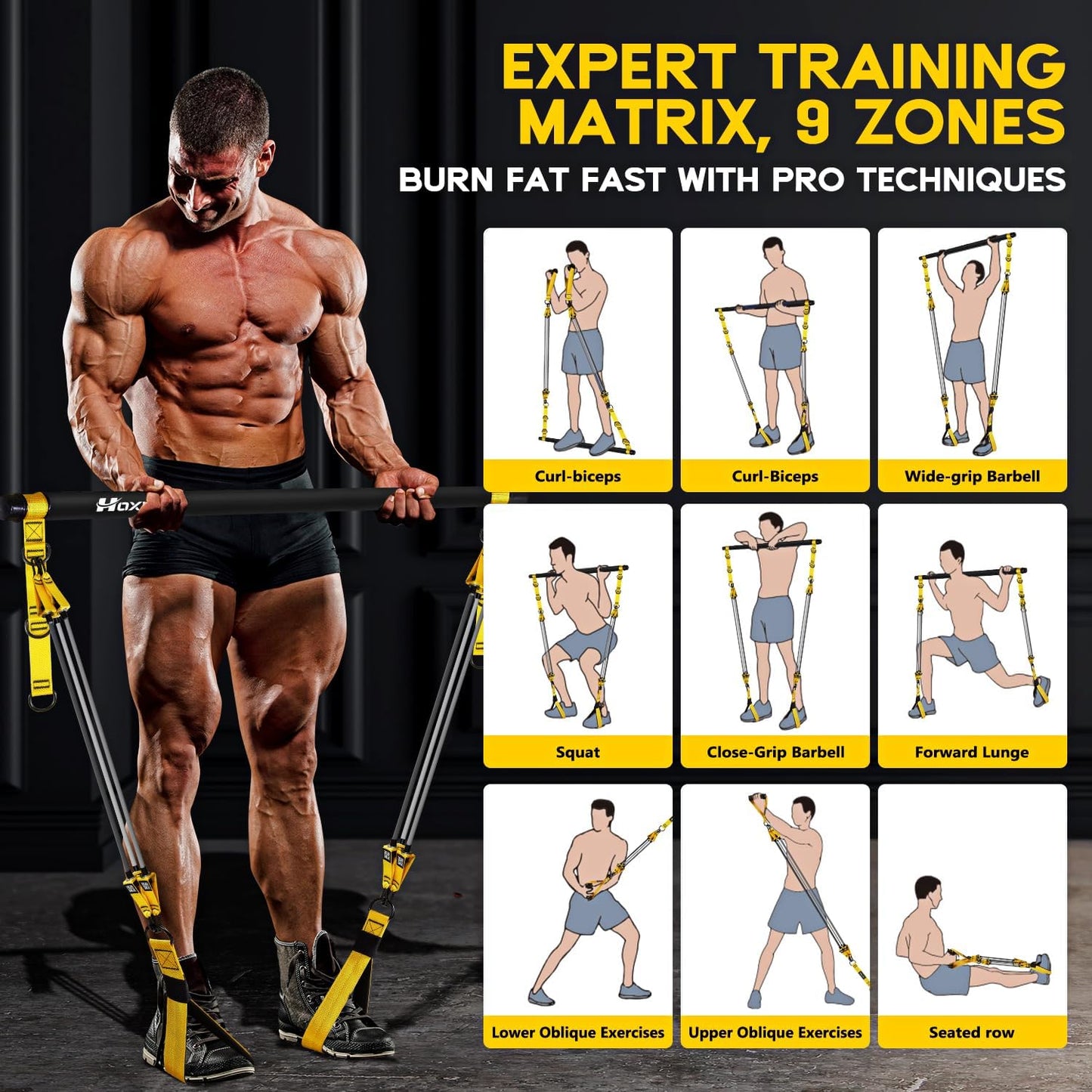 Pilates Equipment, Portable Pilates Bar Kit with Resistance Bands, Professional Adjustable Heavy Duty Squat Workout Equipment for Men, Home Gym Muscle Strength Training, Full Body Exercise