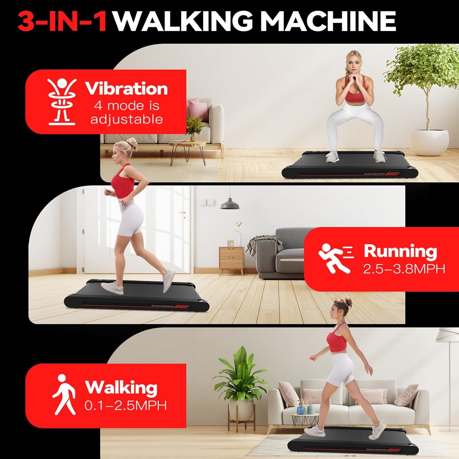 Walking Treadmill Pad with APP, 3 in 1 under Desk Treadmill, 400W Low Noise Walking Vibration Pad with Remote Control,Portable Treadmills for Home Office