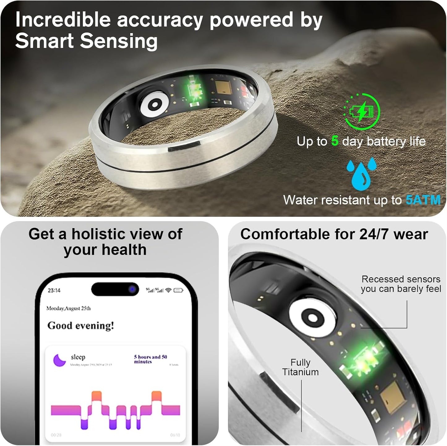 Smart Health Ring X1 Kit-Sleep Tracking Wearable - Heart Rate - Fitness Tracker - up to 5 Days of Battery Life-Ip68 Waterproof-No Subscription Fee for Ios and Android-11# Steel Color