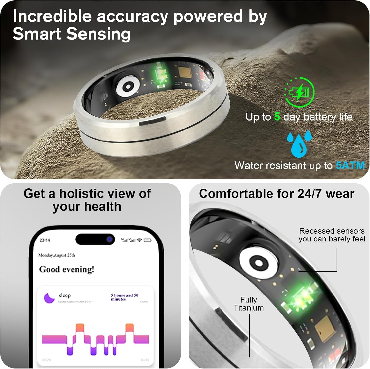 Smart Health Ring X1 Kit-Sleep Tracking Wearable - Heart Rate - Fitness Tracker - up to 5 Days of Battery Life-Ip68 Waterproof-No Subscription Fee for Ios and Android-11# Steel Color